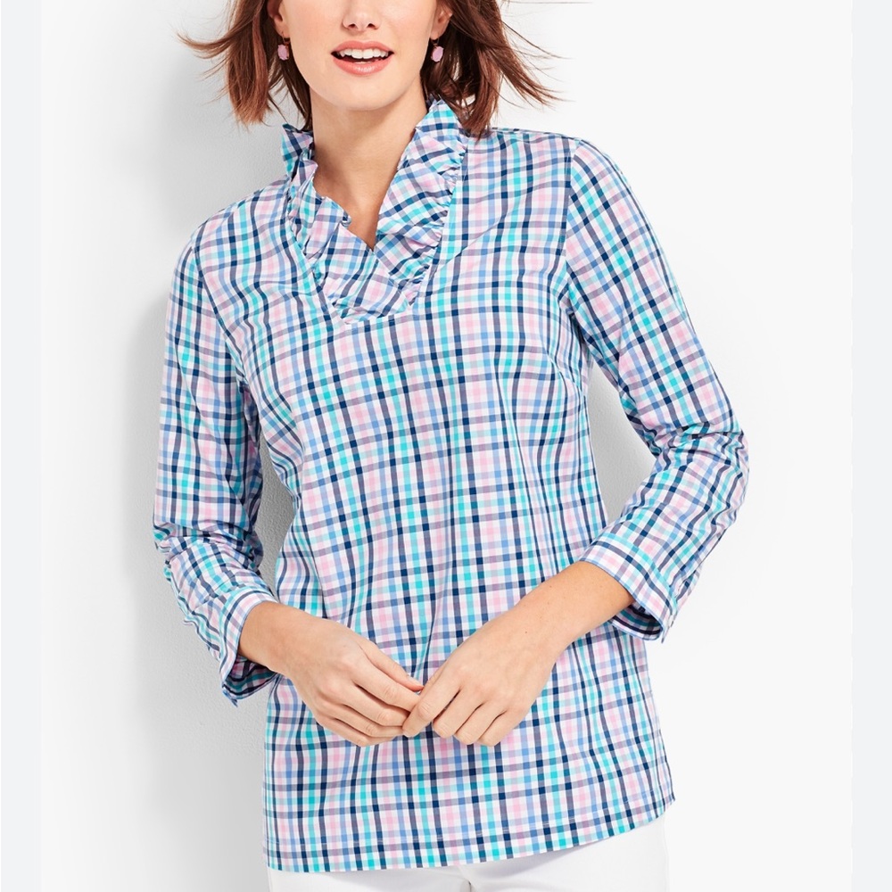 Talbots Women Blouse Size 14 Gingham Checkered Ruffle-Neck Popover Non-Iron‎